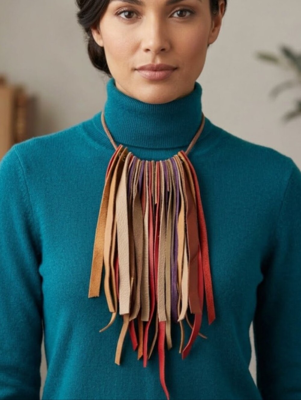 Boho Handmade Genuine Leather FRINGE Statement Necklace-Multicolor 021